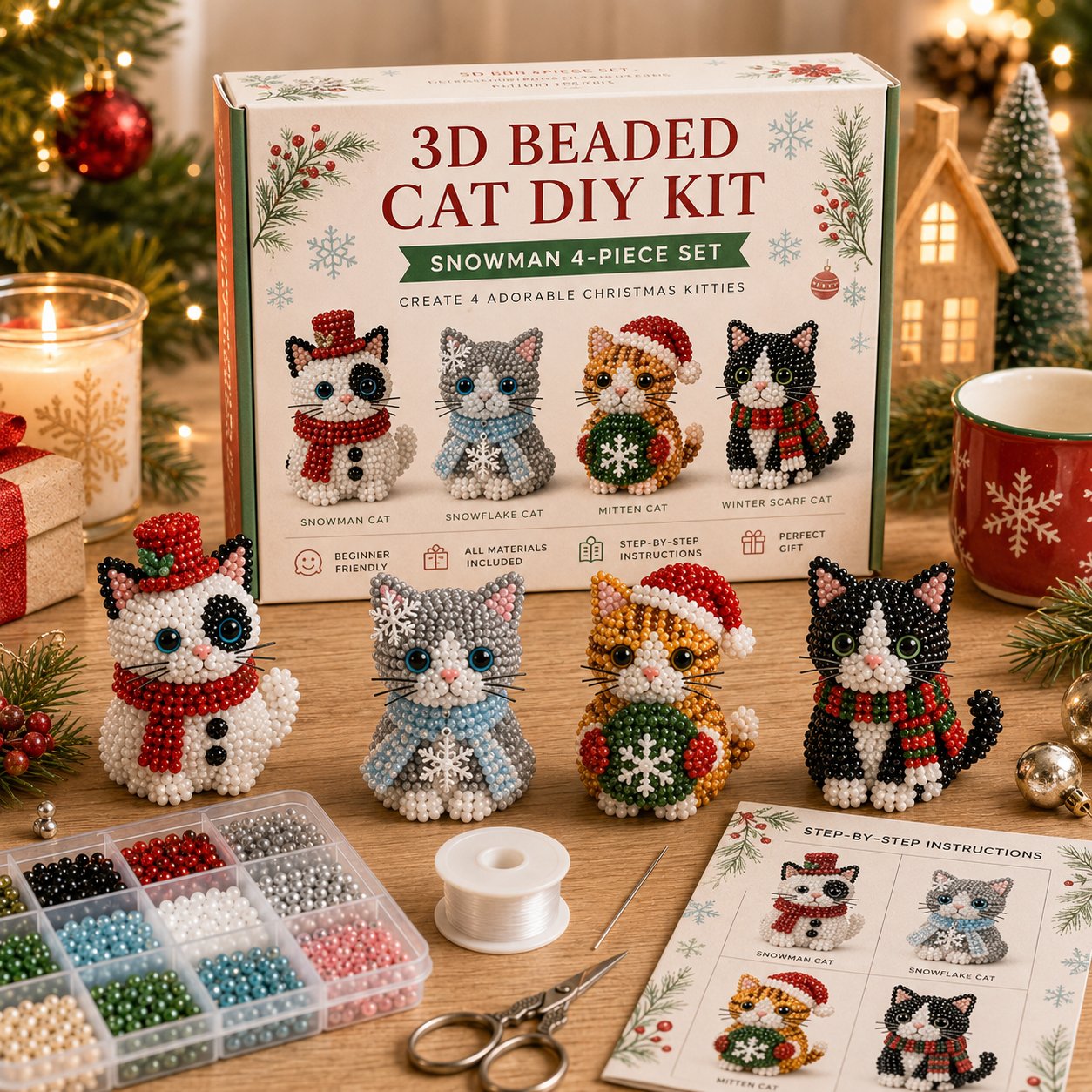 🐱✨ Create Your Own 3D Beaded Christmas Cats | Beginner-Friendly DIY Kit🎁