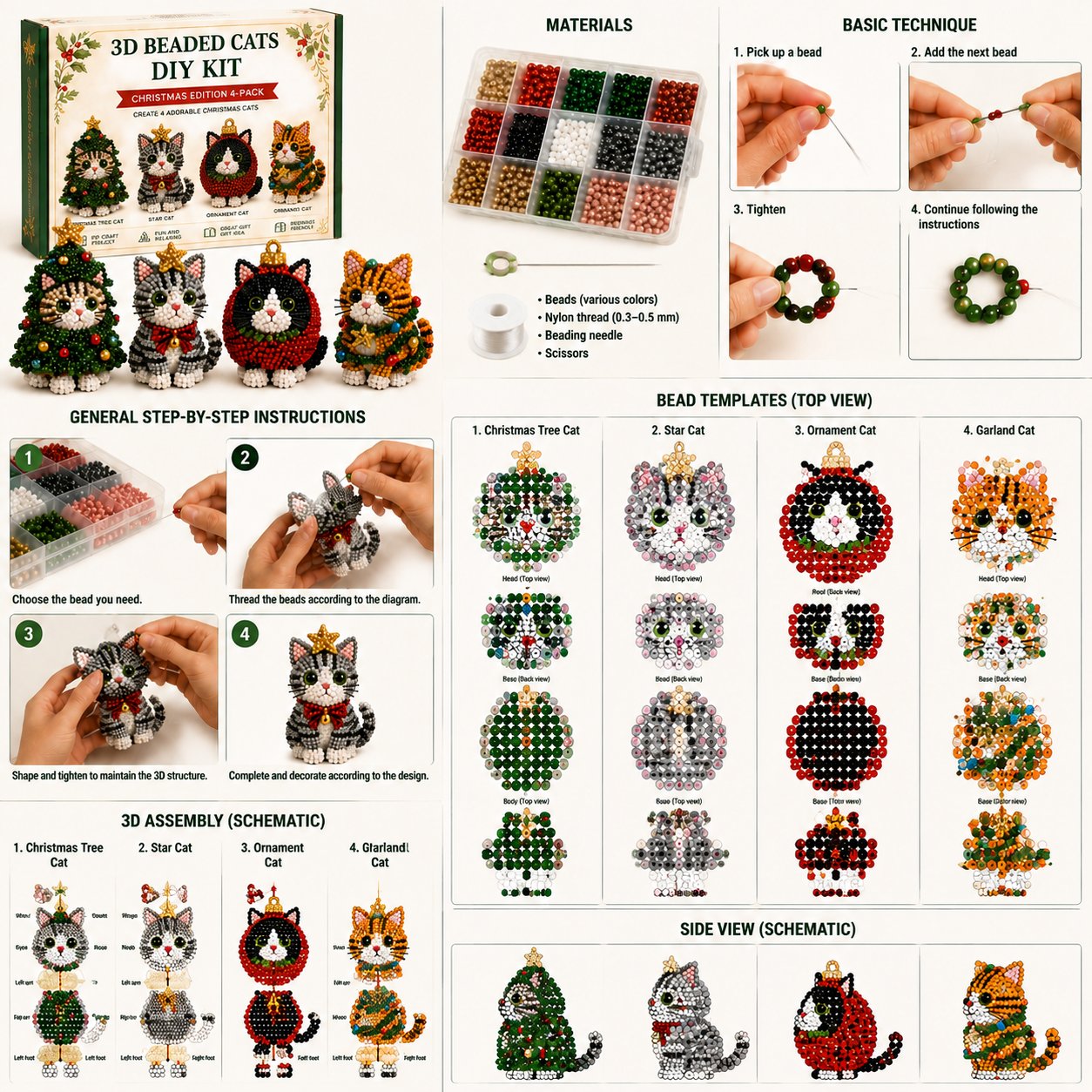 🐱✨ Create Your Own 3D Beaded Christmas Cats | Beginner-Friendly DIY Kit🎁