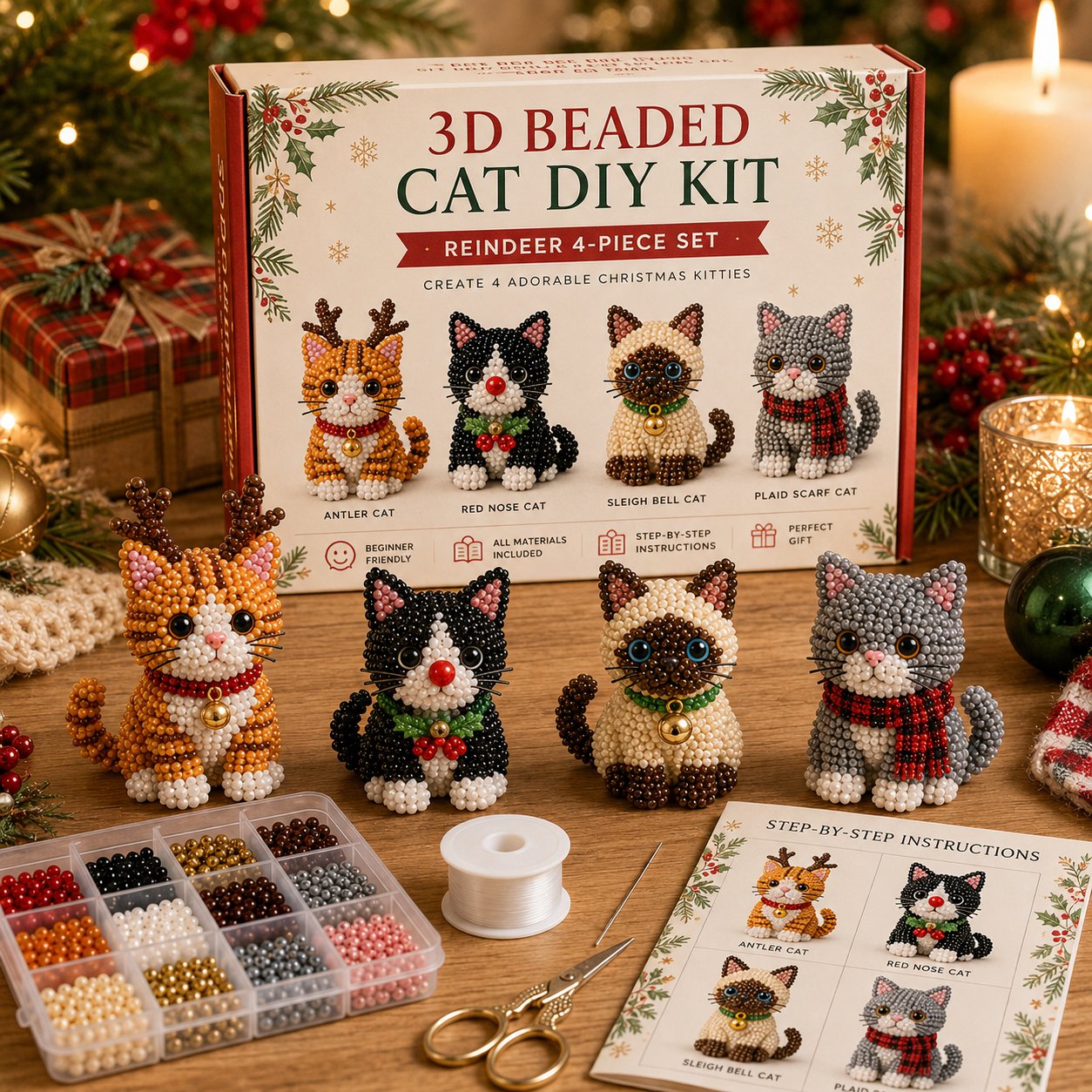🐱✨ Create Your Own 3D Beaded Christmas Cats | Beginner-Friendly DIY Kit🎁