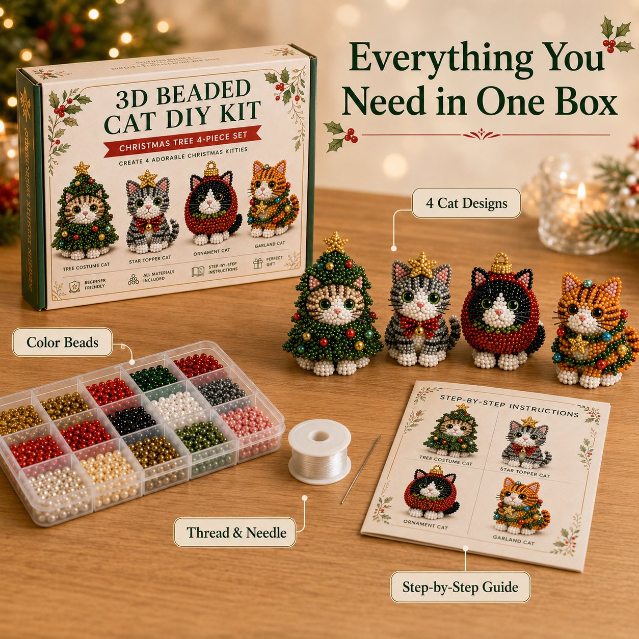 🐱✨ Create Your Own 3D Beaded Christmas Cats | Beginner-Friendly DIY Kit🎁