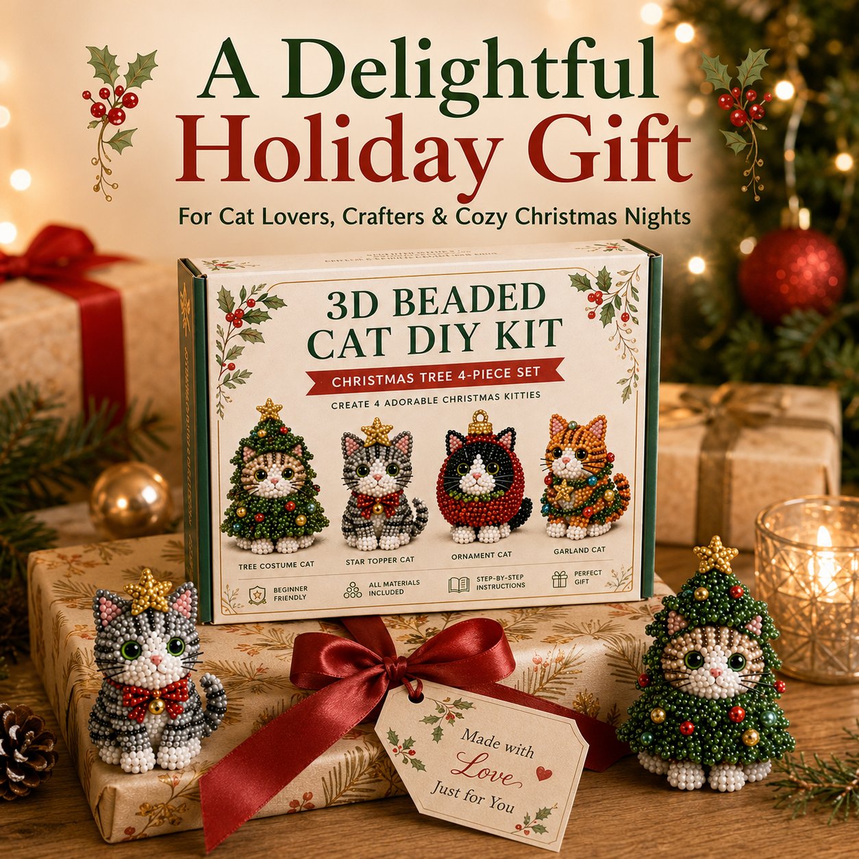 🐱✨ Create Your Own 3D Beaded Christmas Cats | Beginner-Friendly DIY Kit🎁