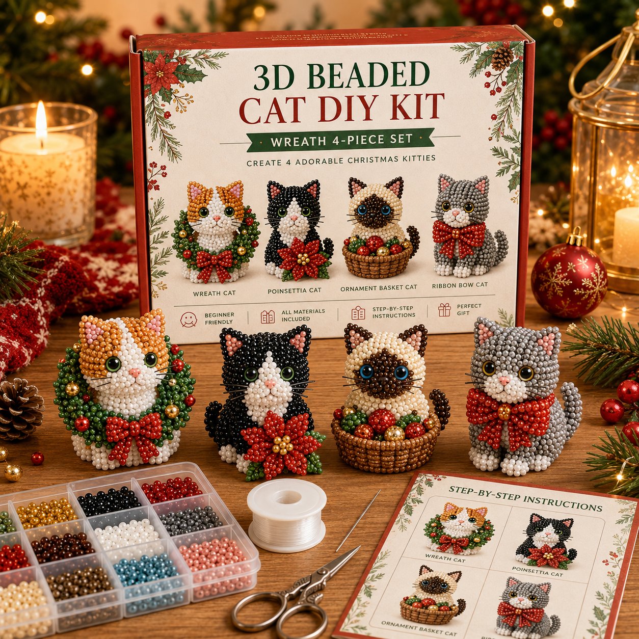 🐱✨ Create Your Own 3D Beaded Christmas Cats | Beginner-Friendly DIY Kit🎁