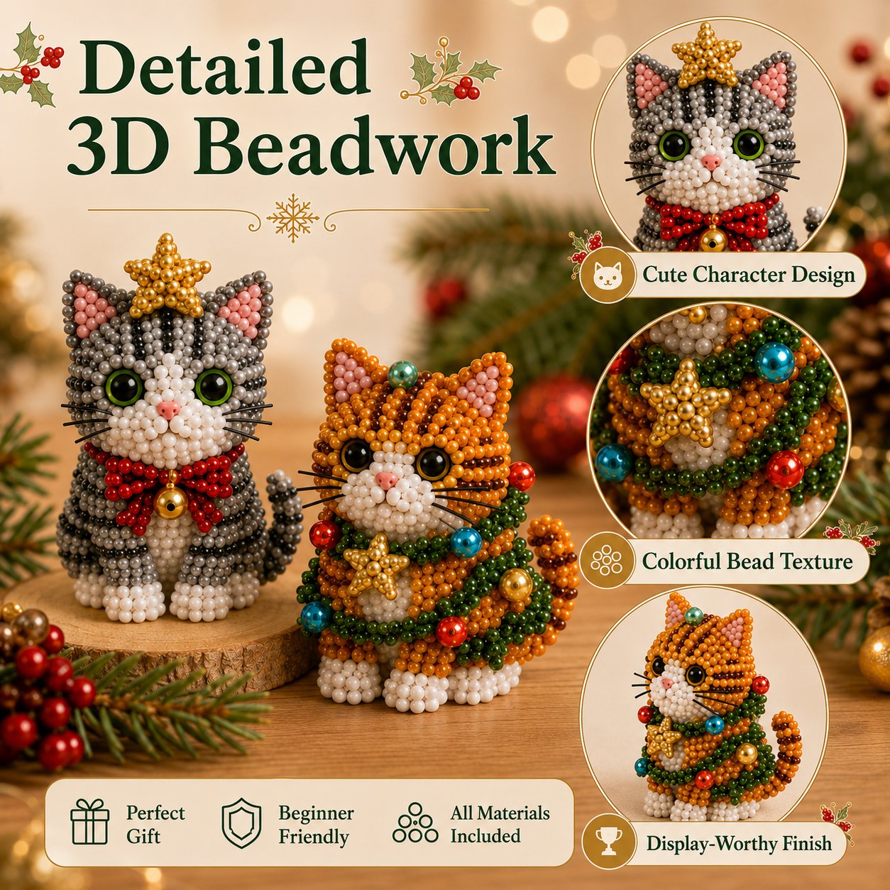 🐱✨ Create Your Own 3D Beaded Christmas Cats | Beginner-Friendly DIY Kit🎁