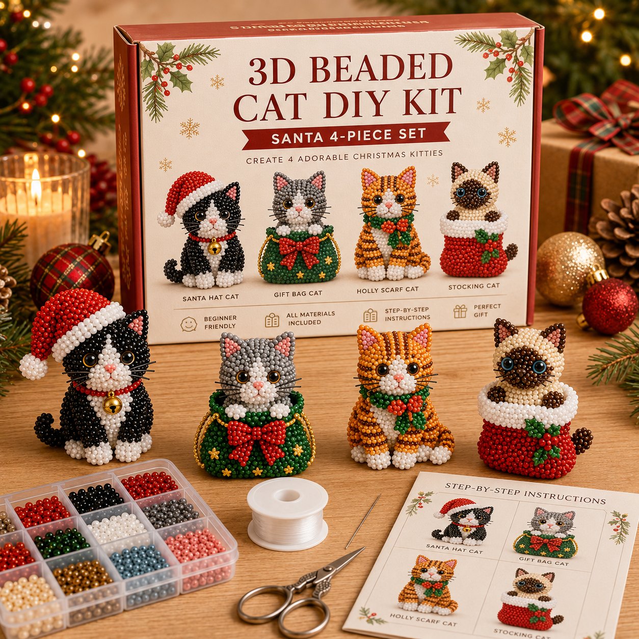 🐱✨ Create Your Own 3D Beaded Christmas Cats | Beginner-Friendly DIY Kit🎁