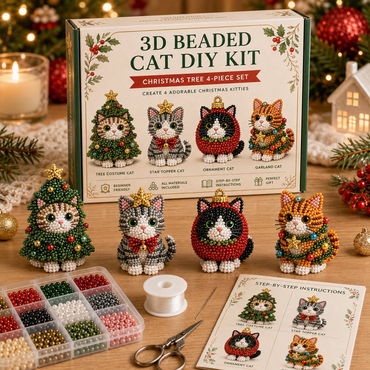 🐱✨ Create Your Own 3D Beaded Christmas Cats | Beginner-Friendly DIY Kit🎁